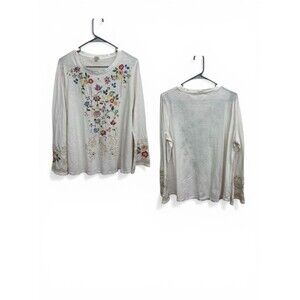 Reba Women Blouse Embroidered  Long Sleeve White/ Floral XL Flare Sleeve Cotton